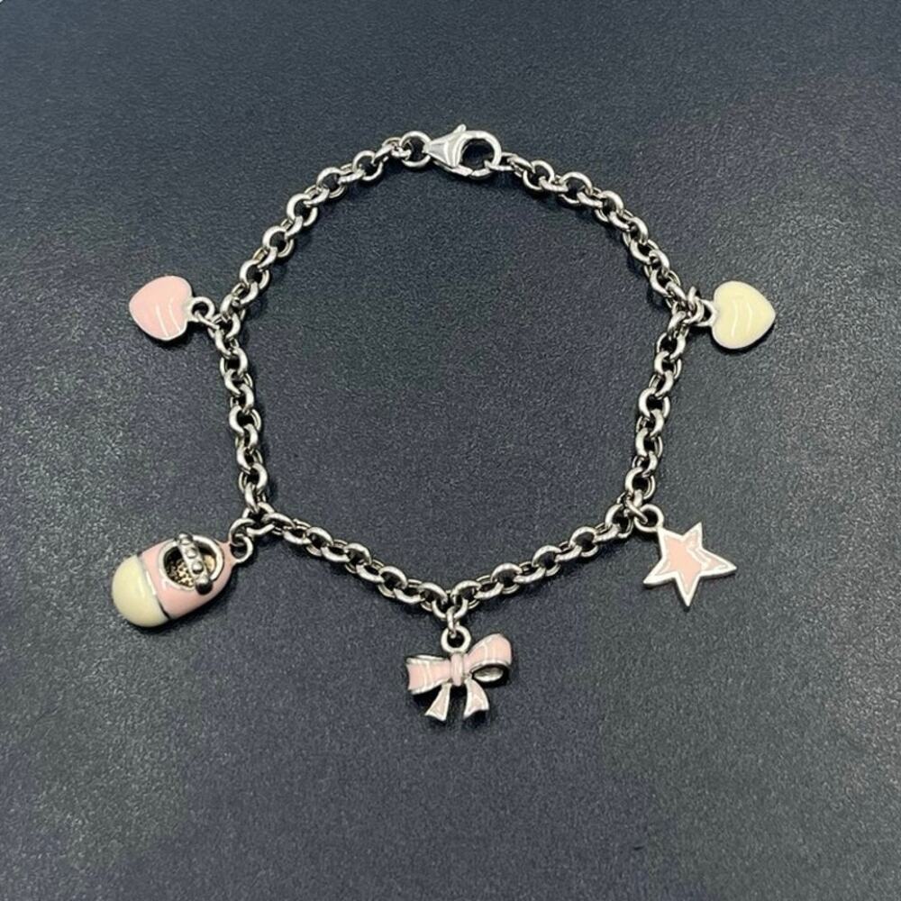 Sterling Silver Baby Pink Enamel Hearts Star Bow 5.5" Length,‎ 6g Charm Bracelet
